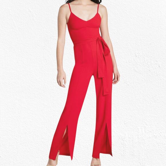 Dress the Population Red Rouge Stevie V Neck Wide Leg Belt Jumpsuit Size Medium - Picture 3 of 16